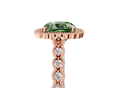 Rose gold Fancy Green Cushion Cut Cut Halo Pavé Solitaire Ring with Milgrain Band_5