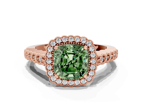 Rose gold Fancy Green Cushion Cut Cut Halo Pavé Solitaire Ring with Milgrain Band