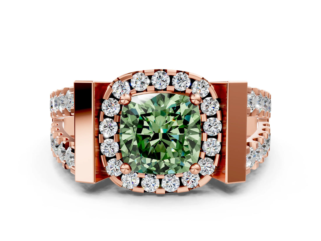 Rose gold Fancy Green Cushion Cut Cut Halo Split Shank Prong Set Ring