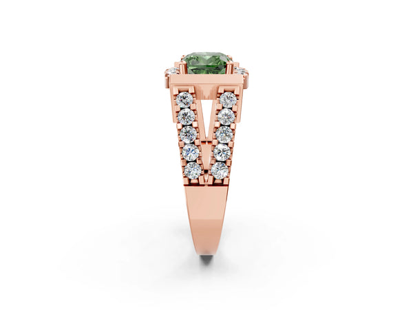 Rose Gold Cushion Cut Halo Engagement Ring Setting for Fancy Green Center with Bar Shoulders