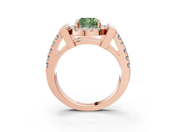 Rose Gold Cushion Cut Halo Engagement Ring Setting for Fancy Green Center with Bar Shoulders