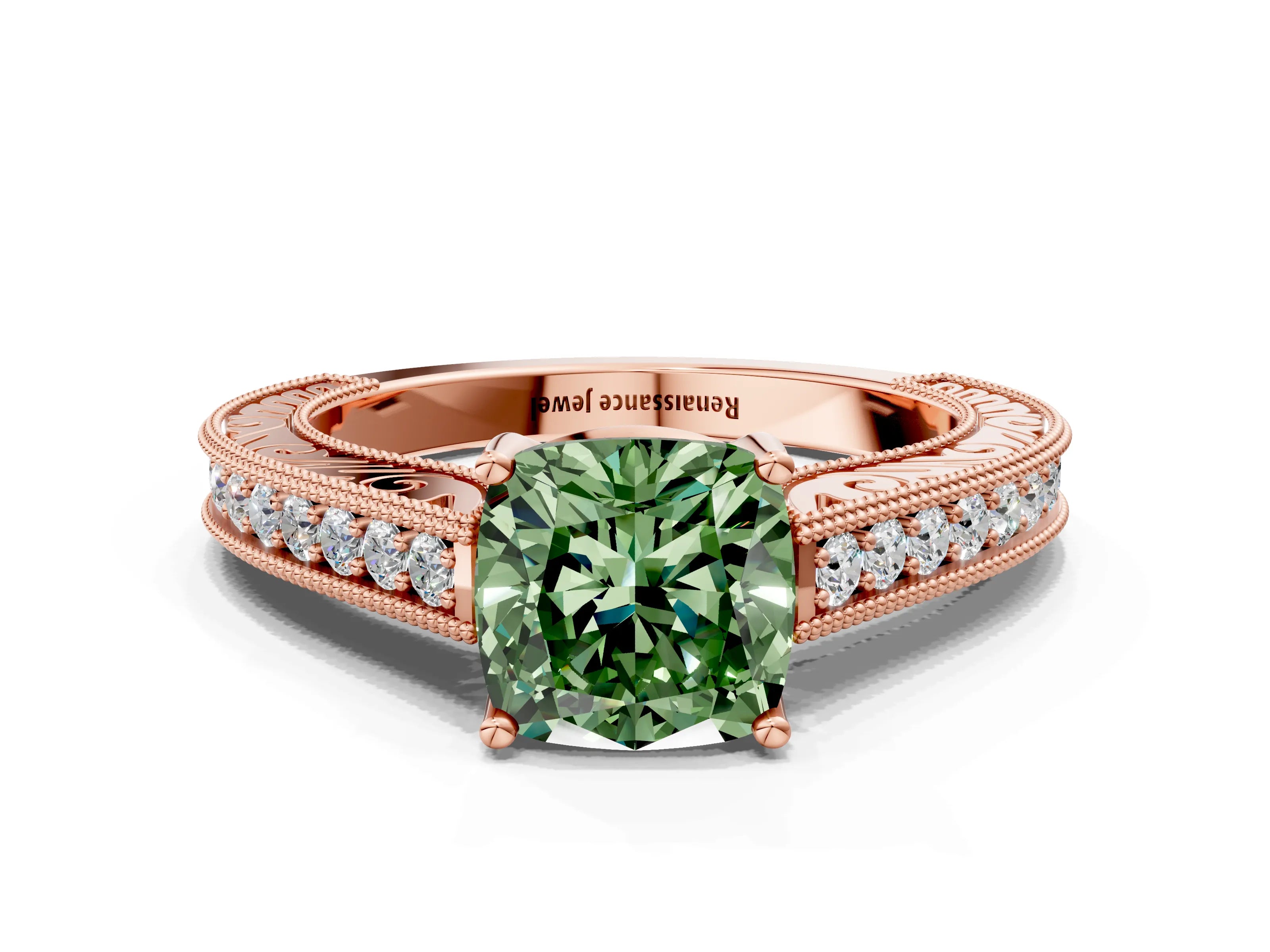 Rose gold Fancy Green Cushion Cut Cut Pave Band Milgrain Solitaire Ring