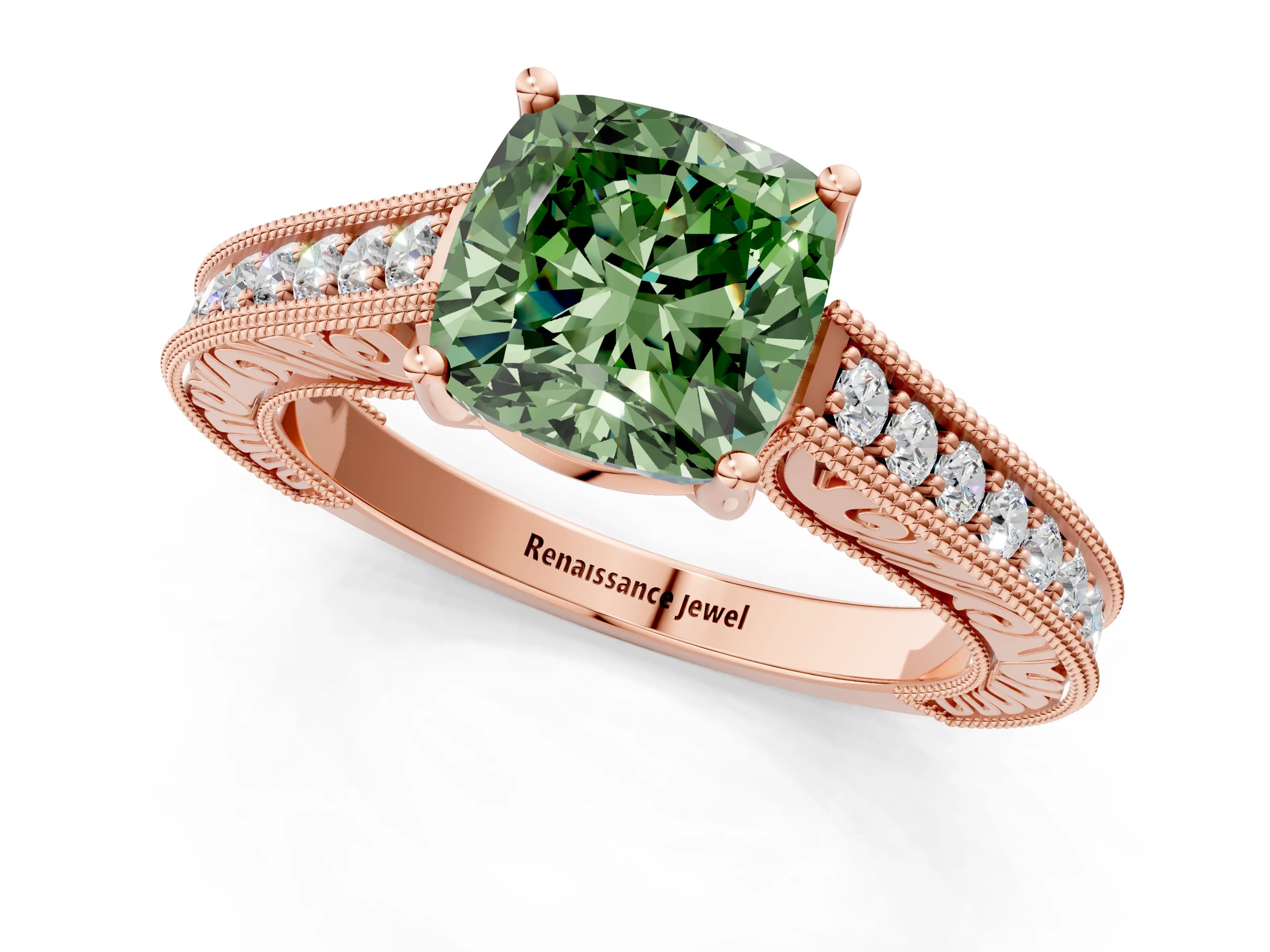 Rose gold Fancy Green Cushion Cut Cut Pave Band Milgrain Solitaire Ring_1