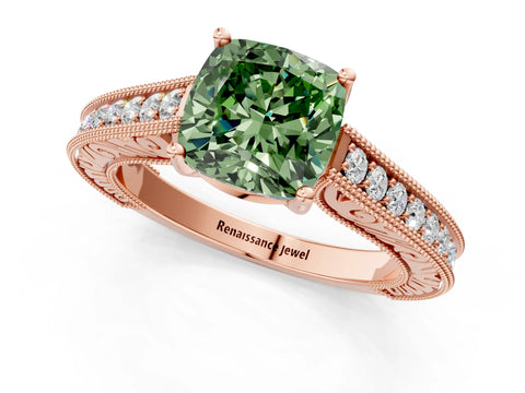 Rose gold Fancy Green Cushion Cut Cut Pave Band Milgrain Solitaire Ring_1