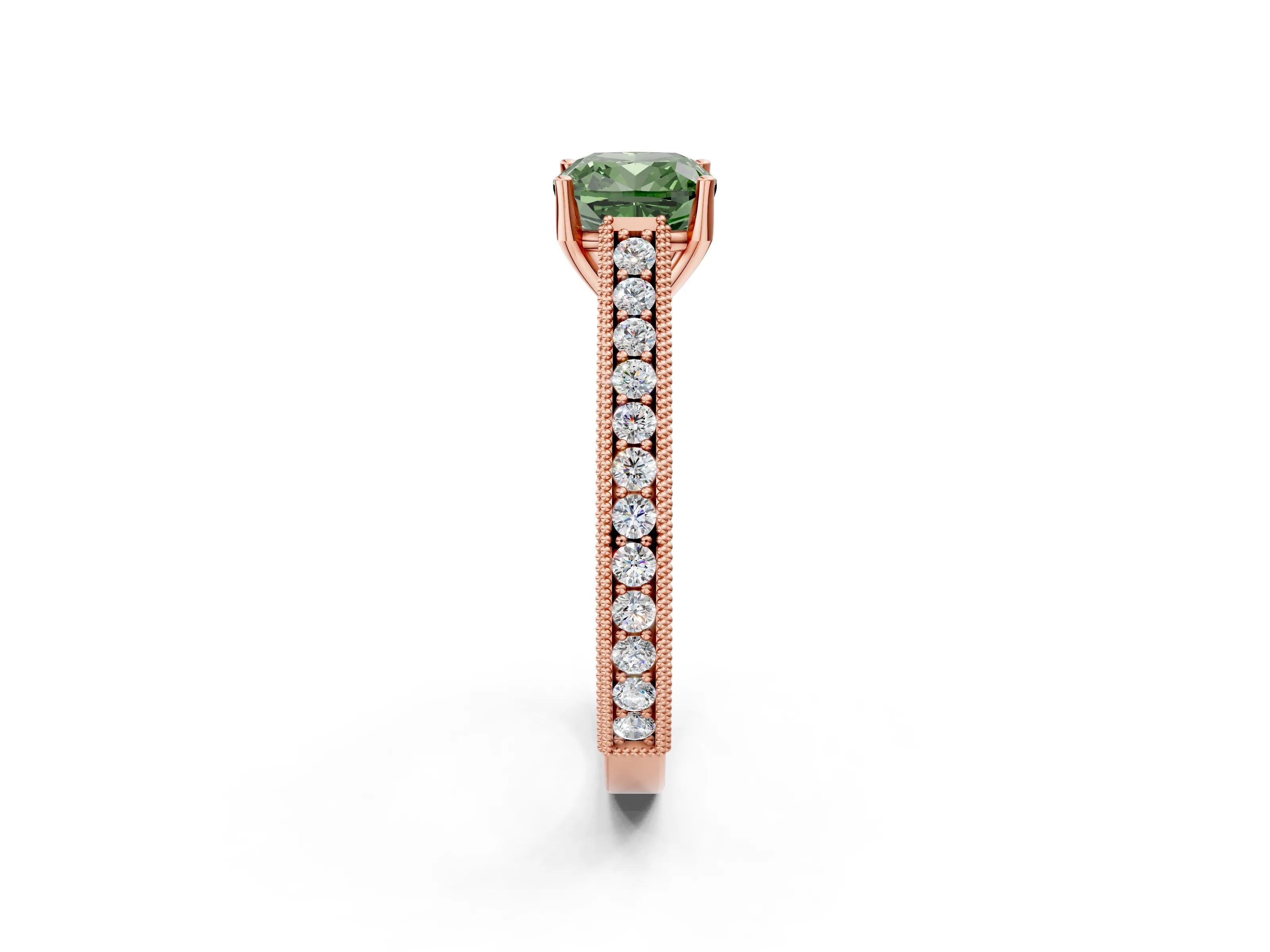 Rose gold Fancy Green Cushion Cut Cut Pave Band Milgrain Solitaire Ring_2