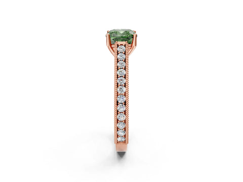 Rose gold Fancy Green Cushion Cut Cut Pave Band Milgrain Solitaire Ring_2