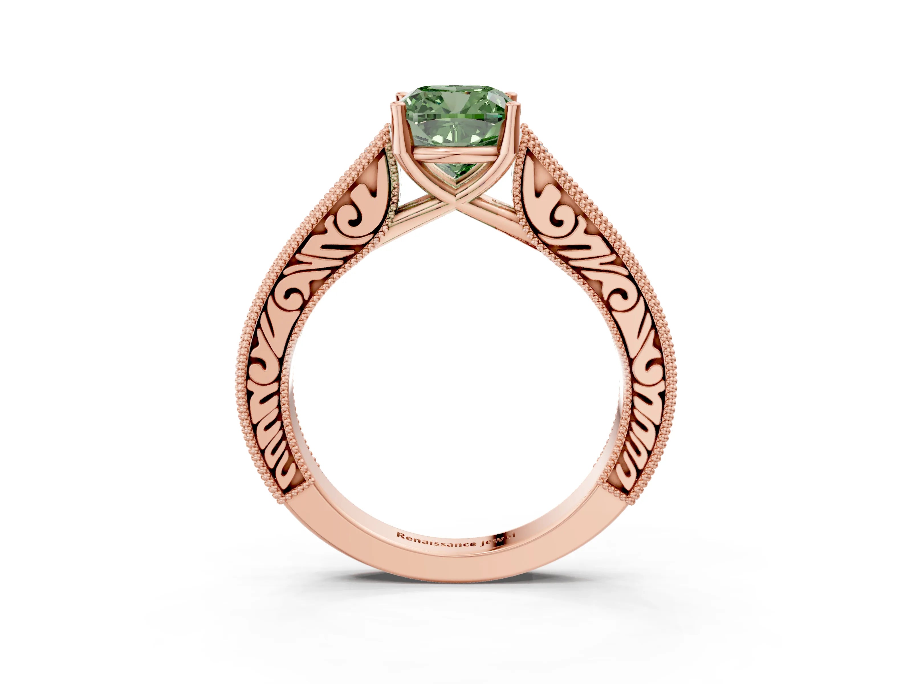 Rose gold Fancy Green Cushion Cut Cut Pave Band Milgrain Solitaire Ring_3