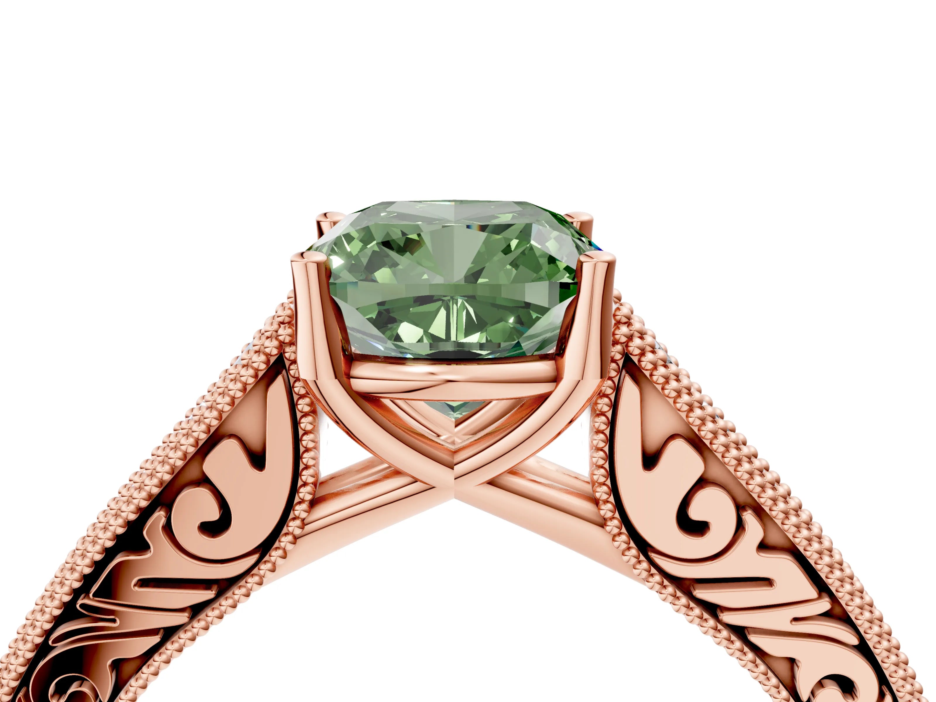 Rose gold Fancy Green Cushion Cut Cut Pave Band Milgrain Solitaire Ring_4
