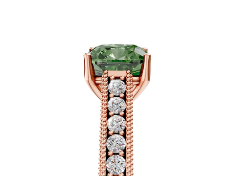Rose gold Fancy Green Cushion Cut Cut Pave Band Milgrain Solitaire Ring_5
