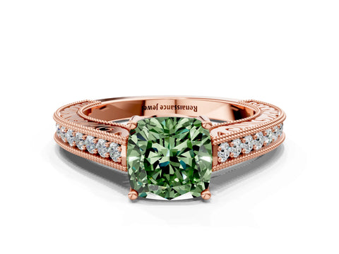 Rose gold Fancy Green Cushion Cut Cut Pave Band Milgrain Solitaire Ring