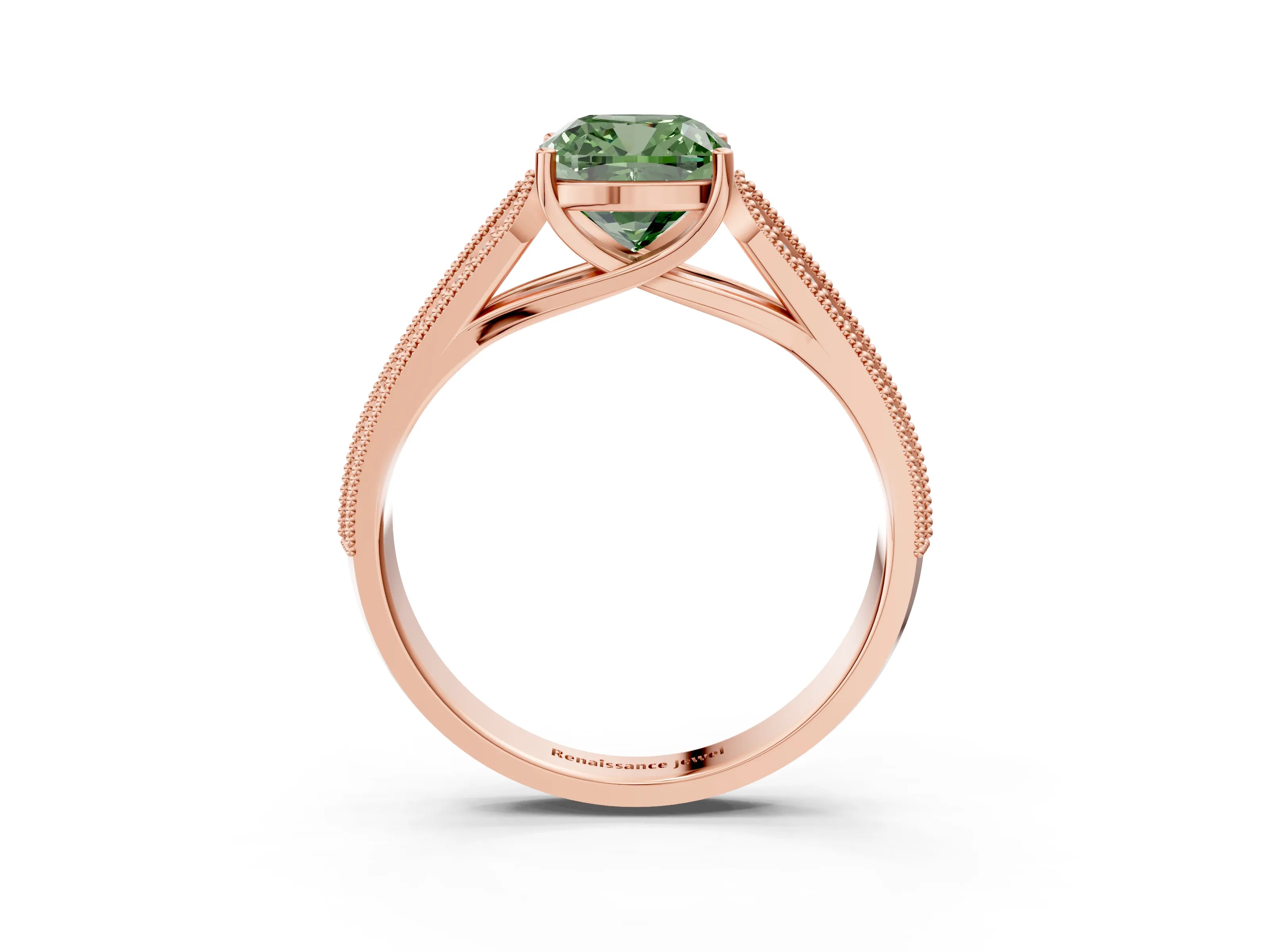 Rose gold Fancy Green Cushion Cut Cut Pave Split Shank Engagement Ring with Four-Prong Setting_3