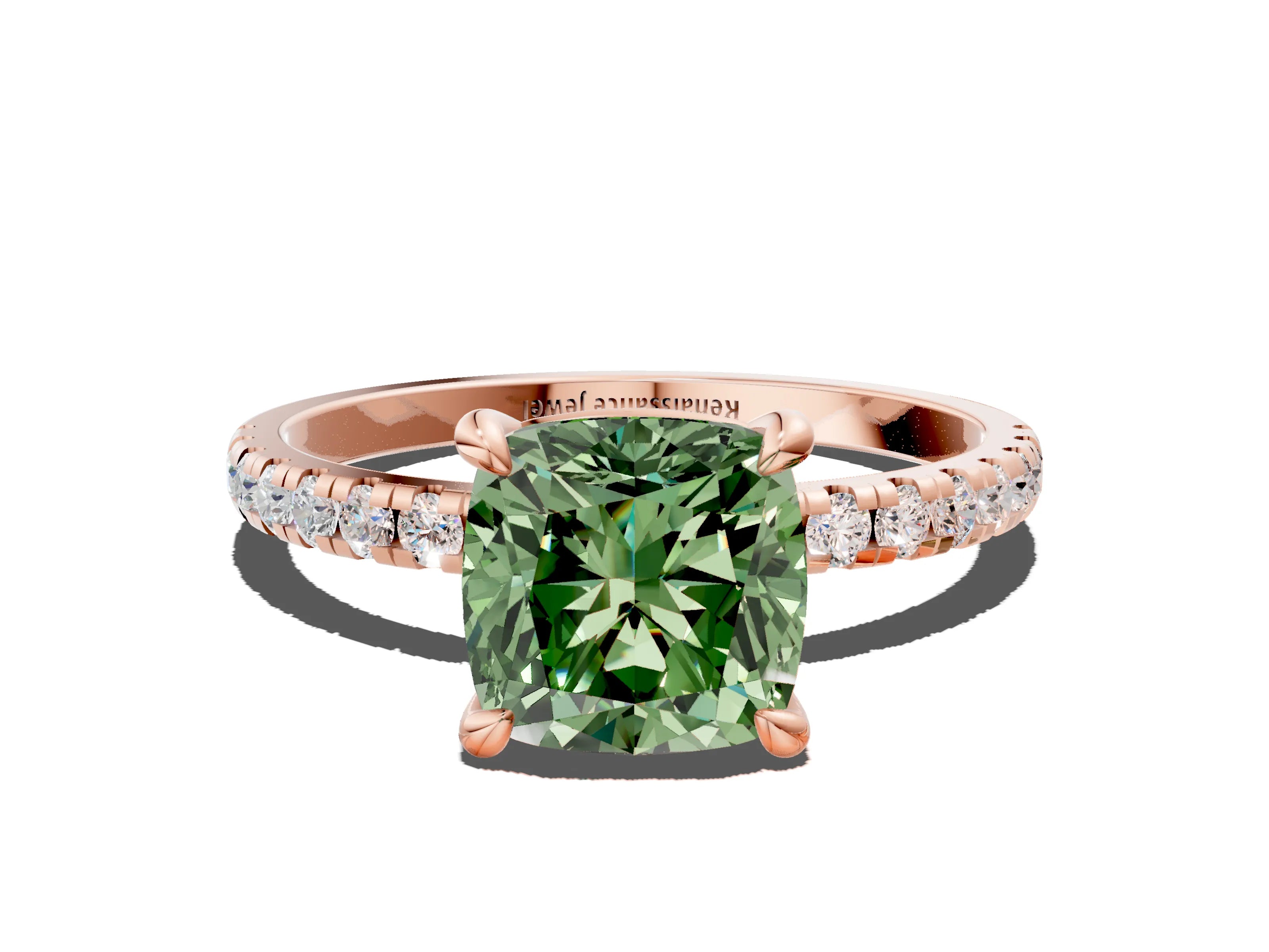 Rose gold Fancy Green Cushion Cut Diamond Brilliant Solitaire Ring with Pavé Band and Four-Prong Setting