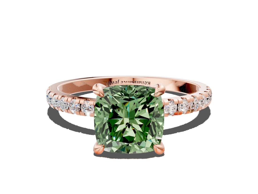 Rose gold Fancy Green Cushion Cut Diamond Brilliant Solitaire Ring with Pavé Band and Four-Prong Setting