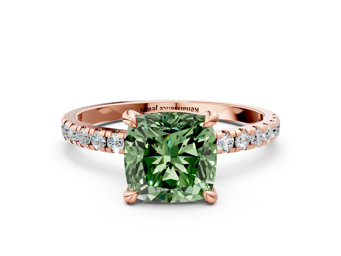 Rose gold Fancy Green Cushion Cut Diamond Brilliant Solitaire Ring with Pavé Band and Four-Prong Setting_12
