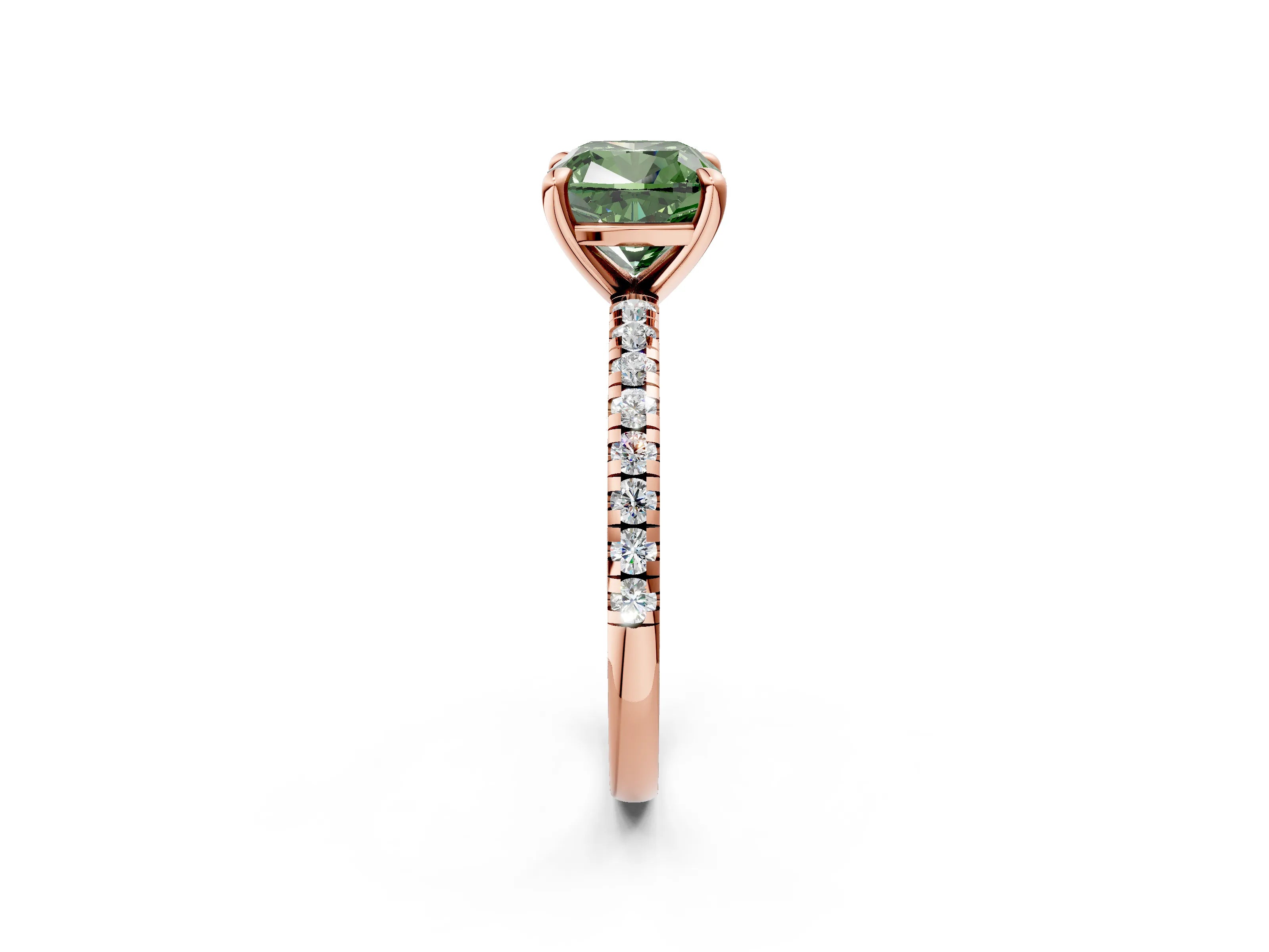 Rose gold Fancy Green Cushion Cut Diamond Brilliant Solitaire Ring with Pavé Band and Four-Prong Setting_2