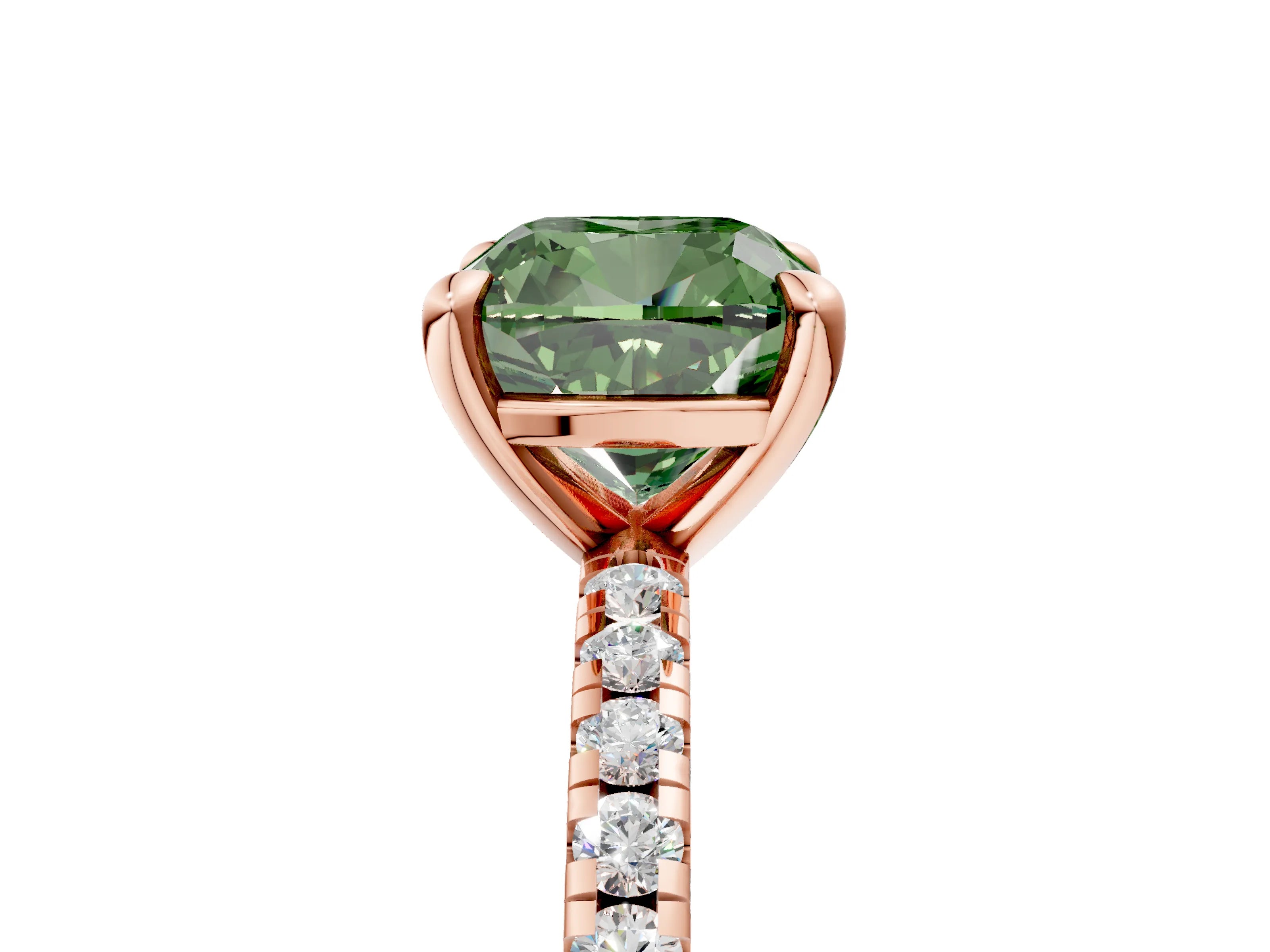 Rose gold Fancy Green Cushion Cut Diamond Brilliant Solitaire Ring with Pavé Band and Four-Prong Setting_5