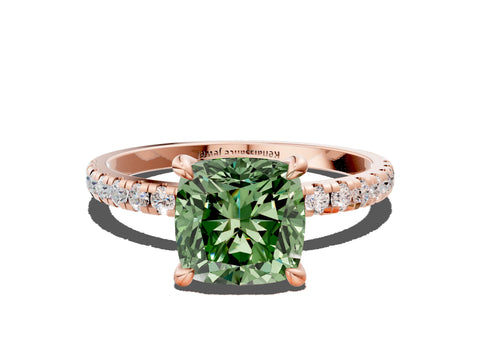 Rose gold Fancy Green Cushion Cut Diamond Brilliant Solitaire Ring with Pavé Band and Four-Prong Setting
