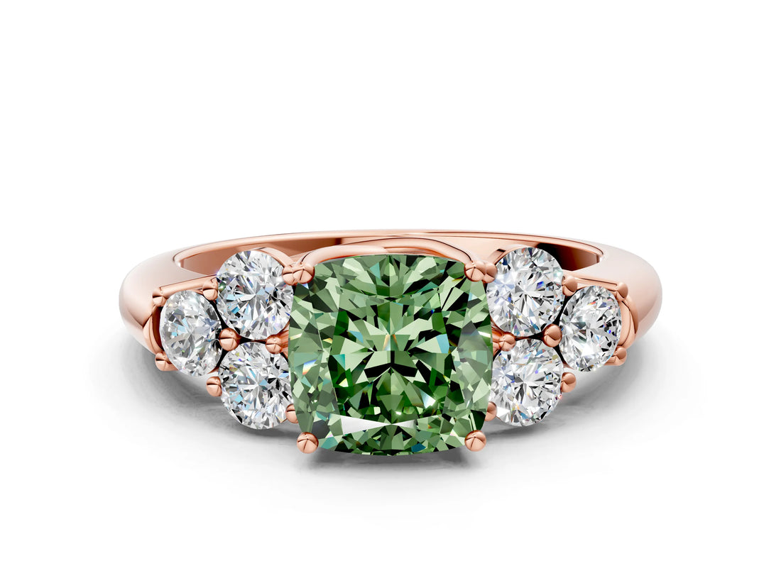 Rose gold Fancy Green Cushion  Cut Diamond Cluster Ring with Round Accent Stones and Prong Setting on a Classic Band_49