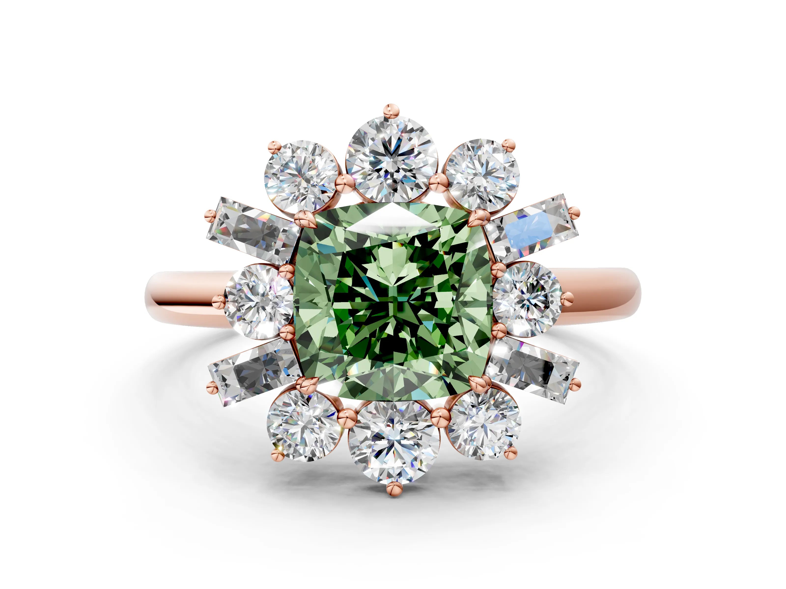 Rose gold Fancy Green Cushion Cut Diamond Cluster Ring with Round and Baguette Stones, Split Shank Band, Prong Setting