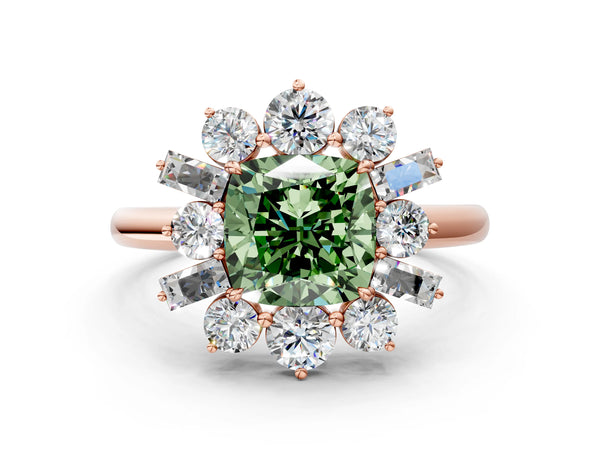 Rose gold Fancy Green Cushion Cut Diamond Cluster Ring with Round and Baguette Stones, Split Shank Band, Prong Setting