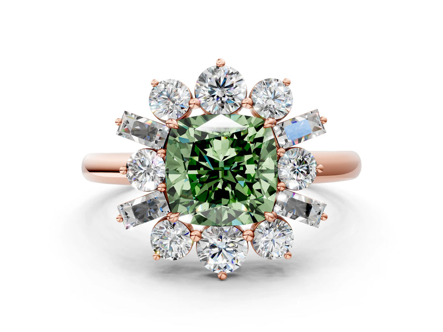 Rose gold Fancy Green Cushion Cut Diamond Cluster Ring with Round and Baguette Stones, Split Shank Band, Prong Setting