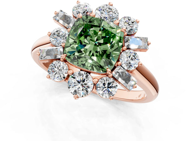Rose gold Fancy Green Cushion Cut Diamond Cluster Ring with Round and Baguette Stones, Split Shank Band, Prong Setting