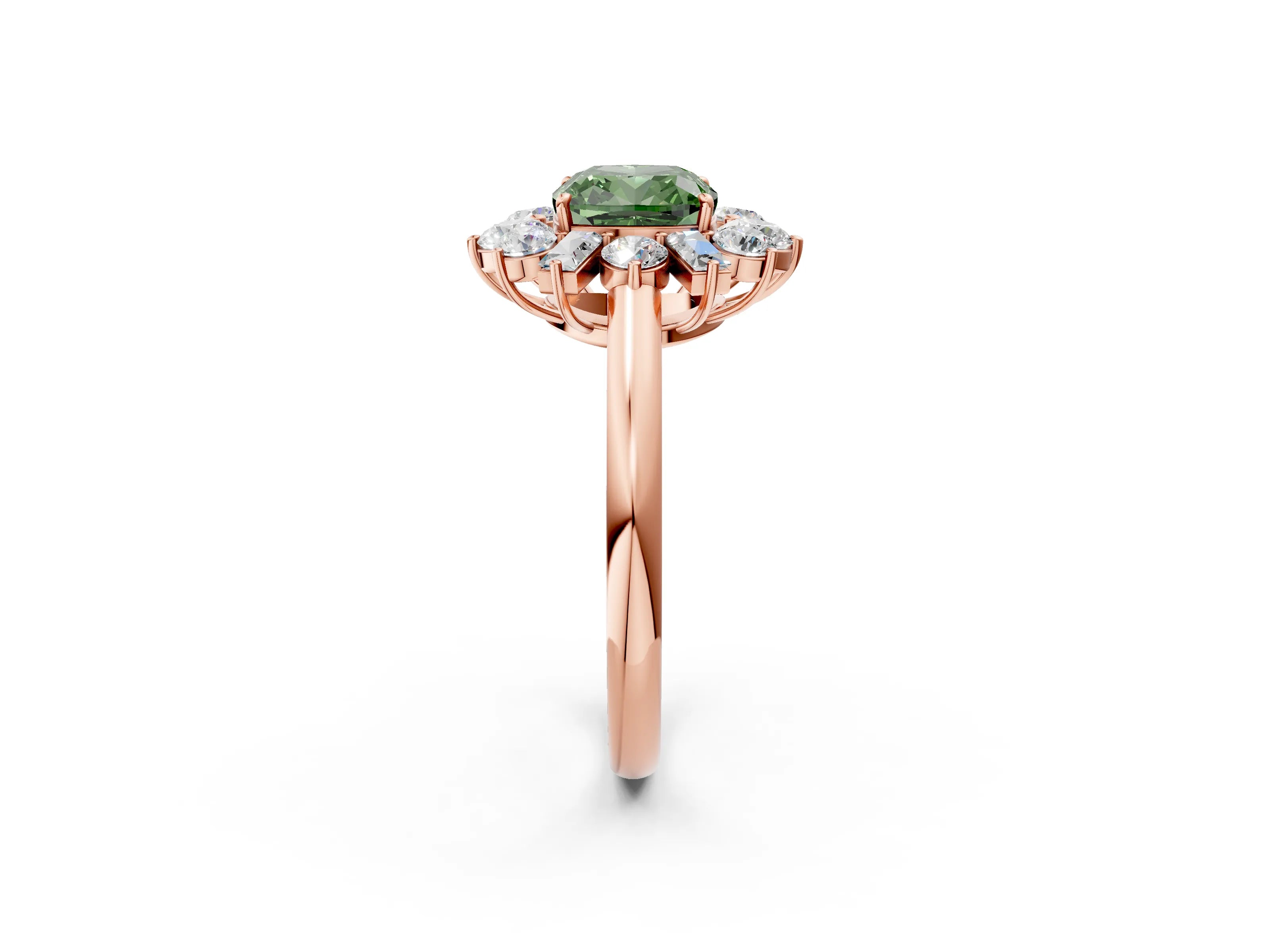 Rose gold Fancy Green Cushion Cut Diamond Cluster Ring with Round and Baguette Stones, Split Shank Band, Prong Setting_2