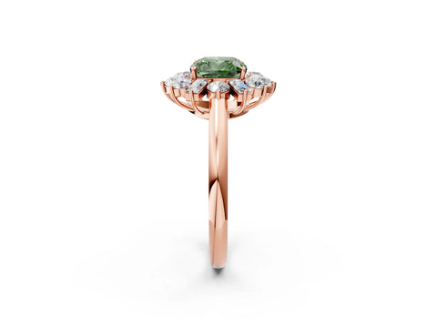 Rose gold Fancy Green Cushion Cut Diamond Cluster Ring with Round and Baguette Stones, Split Shank Band, Prong Setting_2