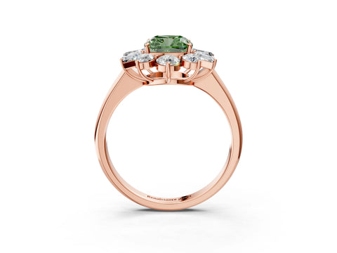 Rose gold Fancy Green Cushion Cut Diamond Cluster Ring with Round and Baguette Stones, Split Shank Band, Prong Setting_3