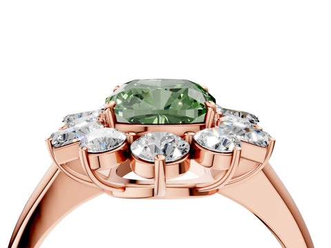 Rose gold Fancy Green Cushion Cut Diamond Cluster Ring with Round and Baguette Stones, Split Shank Band, Prong Setting_4