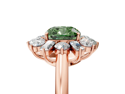 Rose gold Fancy Green Cushion Cut Diamond Cluster Ring with Round and Baguette Stones, Split Shank Band, Prong Setting_5