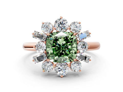 Rose gold Fancy Green Cushion Cut Diamond Cluster Ring with Round and Baguette Stones, Split Shank Band, Prong Setting