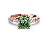 Rose gold Fancy Green Cushion Cut Diamond Cluster Side Stone Solitaire Ring with Prong Setting_69