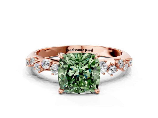 Rose gold Fancy Green Cushion Cut Diamond Cluster Side Stone Solitaire Ring with Prong Setting