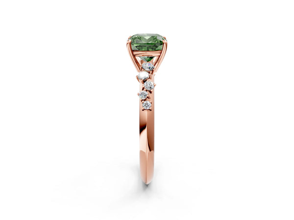 Rose gold Fancy Green Cushion Cut Diamond Cluster Side Stone Solitaire Ring with Prong Setting