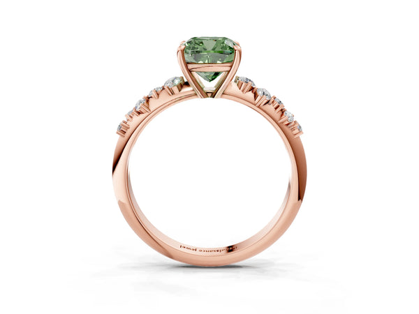 Rose gold Fancy Green Cushion Cut Diamond Cluster Side Stone Solitaire Ring with Prong Setting