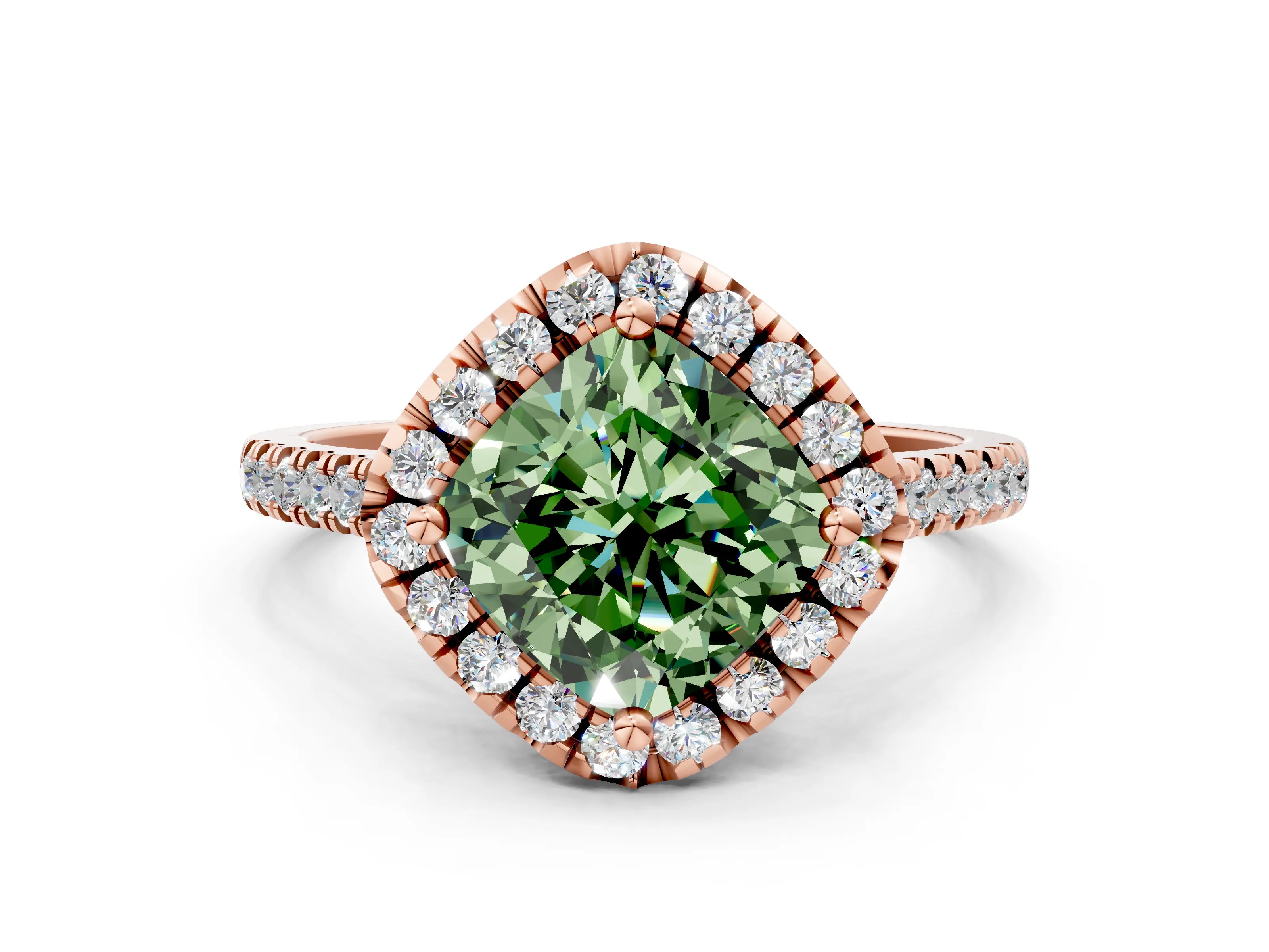 Rose gold Fancy Green Cushion Cut Diamond Cushion Halo Ring with Pavé Band