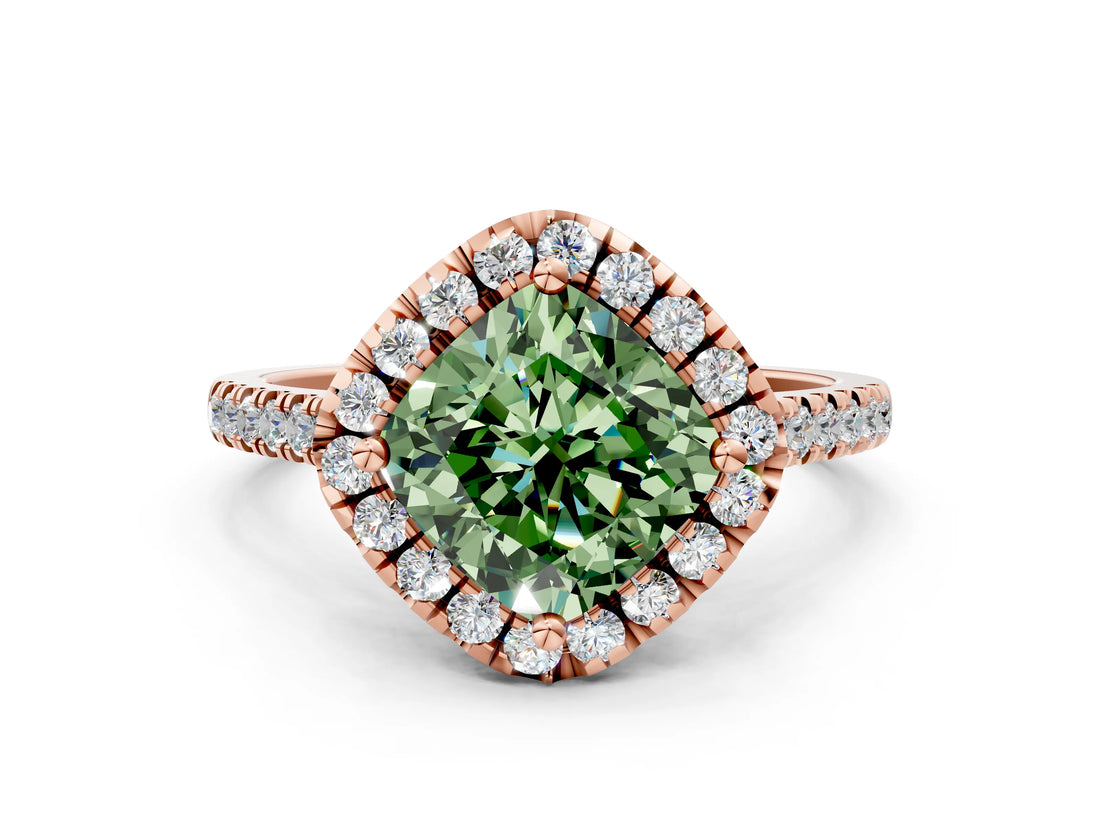 Rose gold Fancy Green Cushion Cut Diamond Cushion Halo Ring with Pavé Band