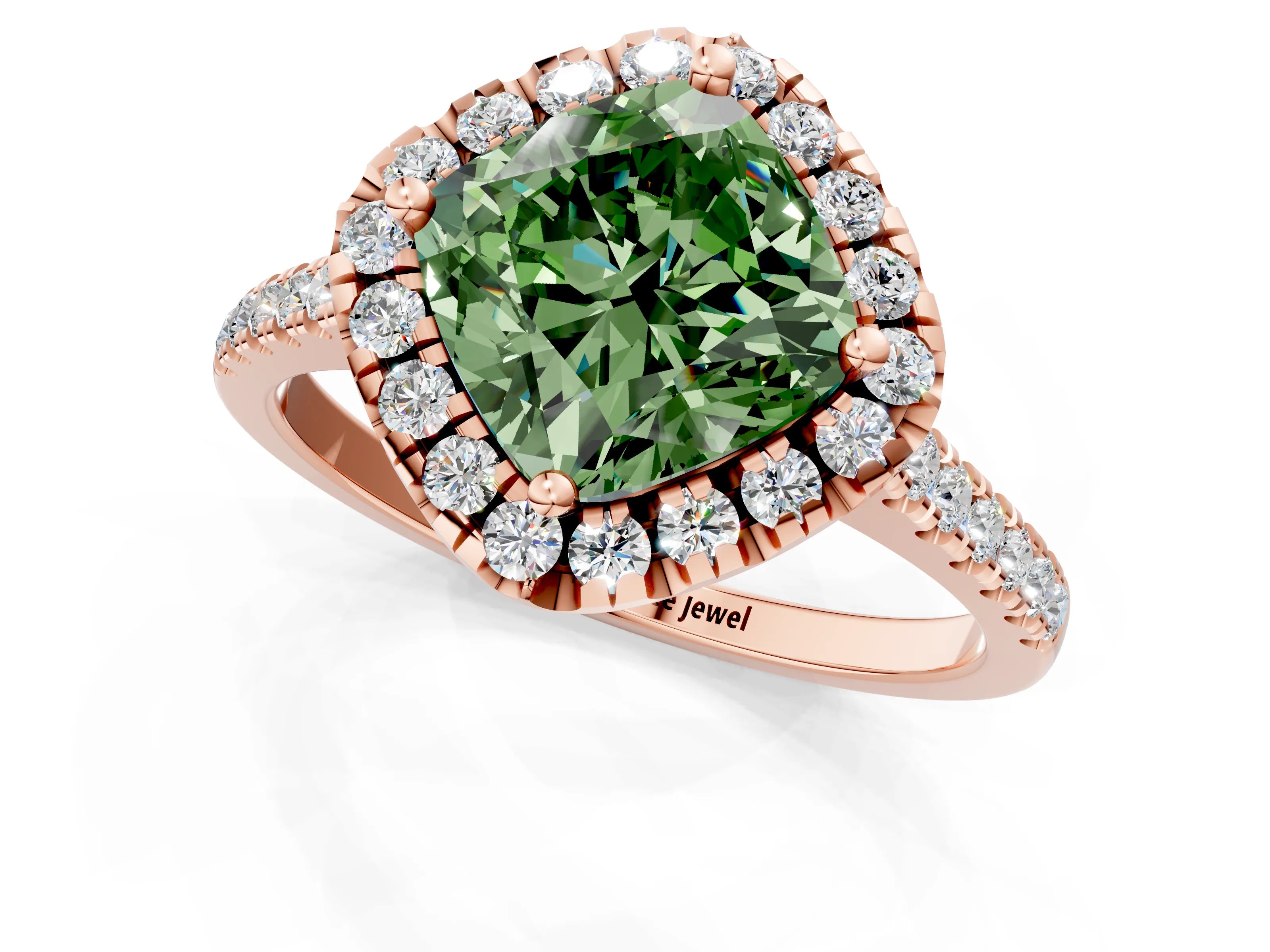 Rose gold Fancy Green Cushion Cut Diamond Cushion Halo Ring with Pavé Band_1