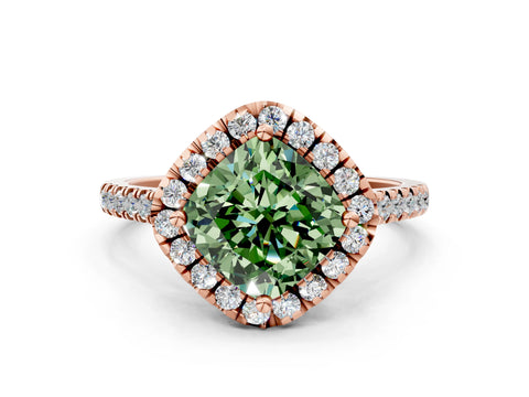 Rose gold Fancy Green Cushion Cut Diamond Cushion Halo Ring with Pavé Band