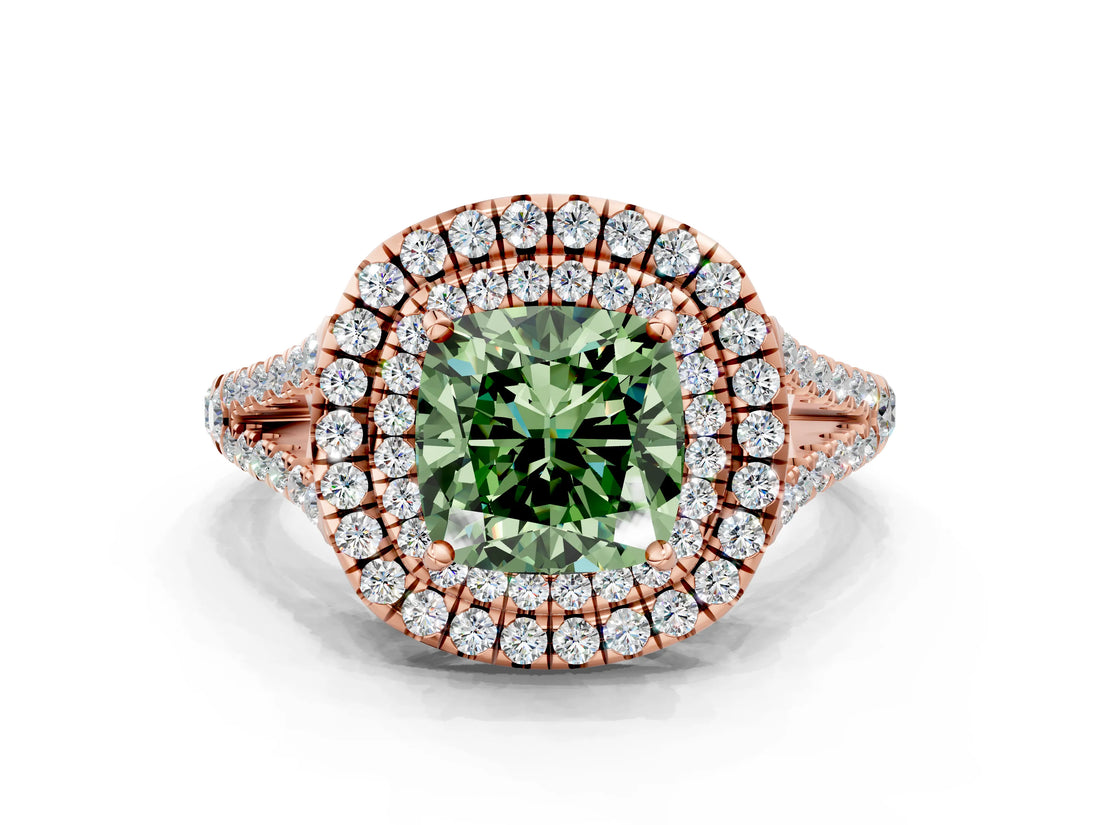 Rose gold Fancy Green Cushion Cut Diamond Double Halo Ring with Pavé Band and Prong Setting_75