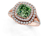 Rose gold Fancy Green Cushion Cut Diamond Double Halo Ring with Pavé Band and Prong Setting_76