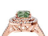 Rose gold Fancy Green Cushion Cut Diamond Double Halo Ring with Pavé Band and Prong Setting_79
