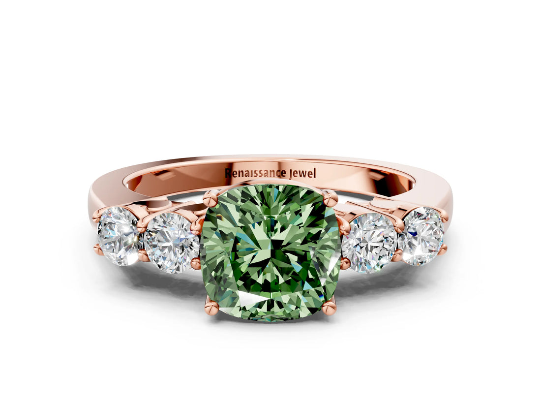 Rose gold Fancy Green Cushion  Cut Diamond Five-Stone Prong Set White Gold Ring_32