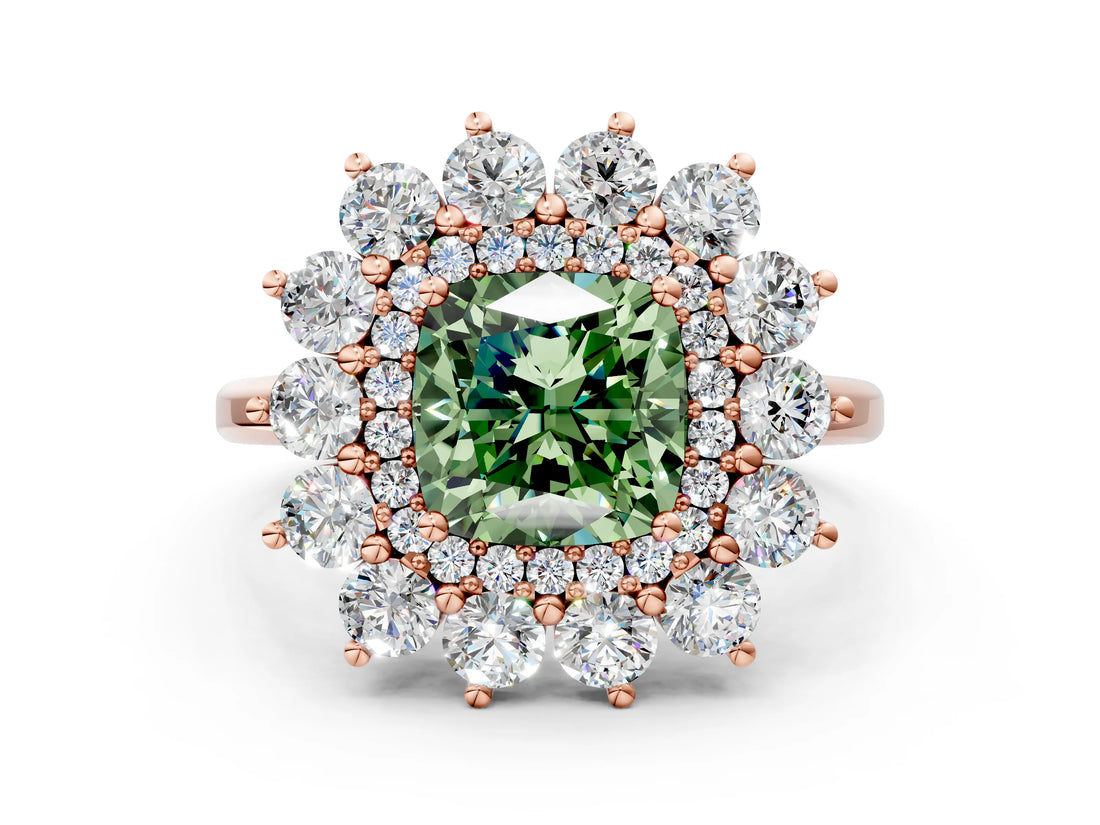 Rose gold Fancy Green Cushion Cut Diamond Floral Double Halo Engagement Ring with Prong Setting_24