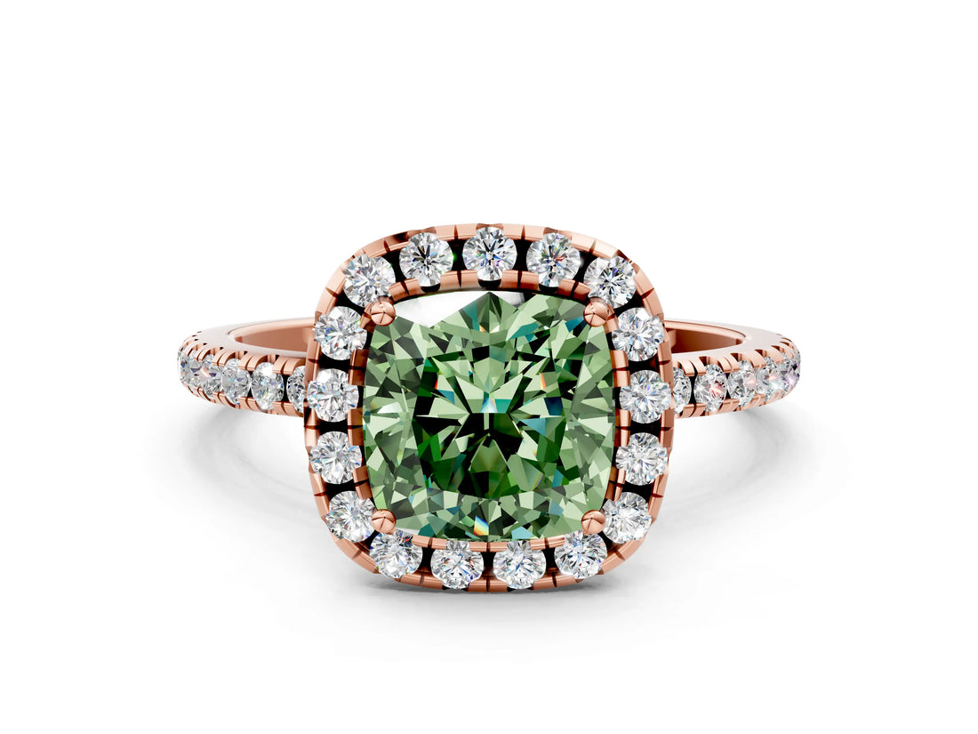 Rose gold Fancy Green Cushion  Cut Diamond Floral Halo Engagement Ring with Pavé Band and Prong Setting_37