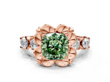 Rose gold Fancy Green Cushion  Cut Diamond Floral Halo Engagement Ring with Shared Prong Setting