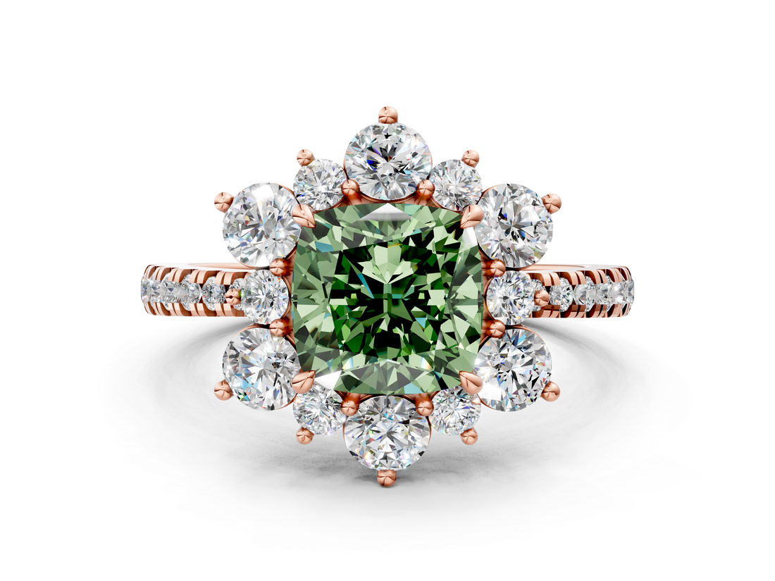 Rose gold Fancy Green Cushion  Cut Diamond Floral Halo Pave Band with Prong Setting_38