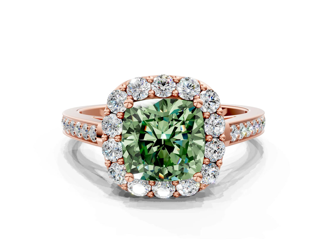 Rose gold Fancy Green Cushion Cut Diamond Floral Halo Ring with Pavé Band and Prong Setting_3
