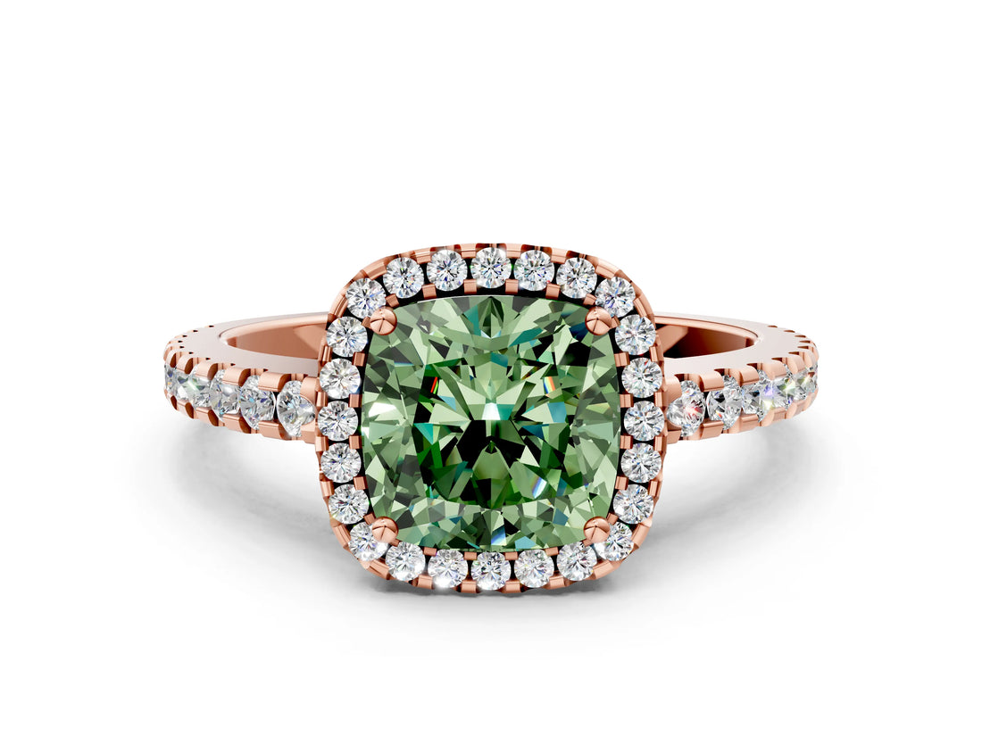 Rose gold Fancy Green Cushion Cut Diamond Halo Engagement Ring with Pavé Band and Prong Setting_27